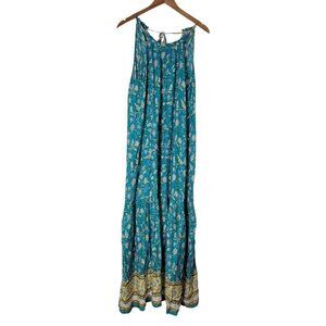 Mittoshop Women Boho Maxi Dress L Floral Flowy Sleeveless Festival Summer Blue